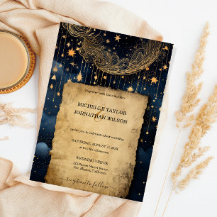 Invitación Luna de estrellas mística celestial de oro azul de