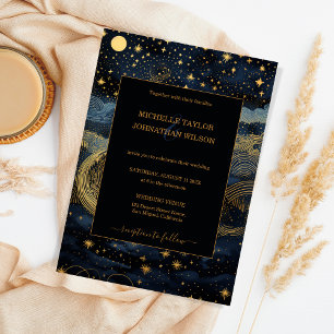 Invitación Luna de estrellas mística celestial de oro azul de