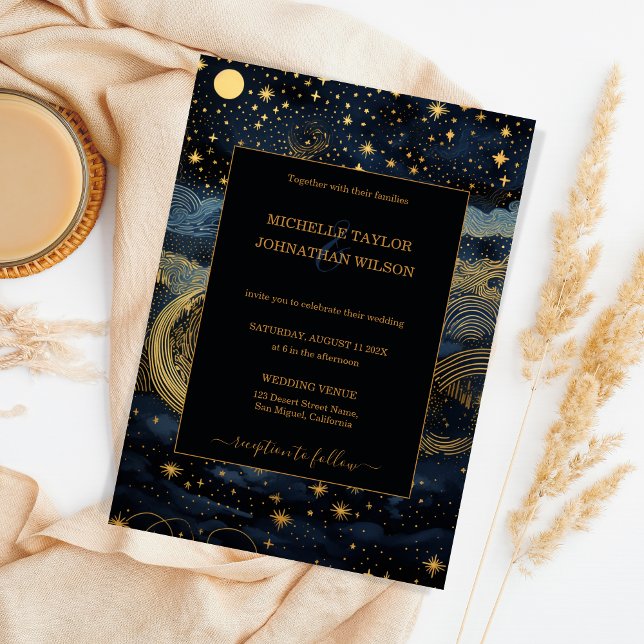 Invitación Luna de estrellas mística celestial de oro azul de (Subido por el creador)