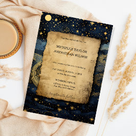 Invitación Luna de estrellas mística celestial de oro azul de