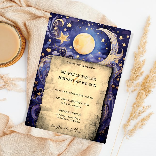Invitación Luna de estrellas mística celestial de oro azul de (celestial wedding invitation)