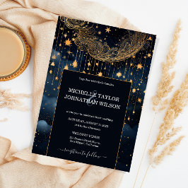 Invitación Luna de estrellas mística celestial de oro azul de