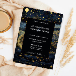 Invitación Luna de estrellas mística celestial de oro azul de
