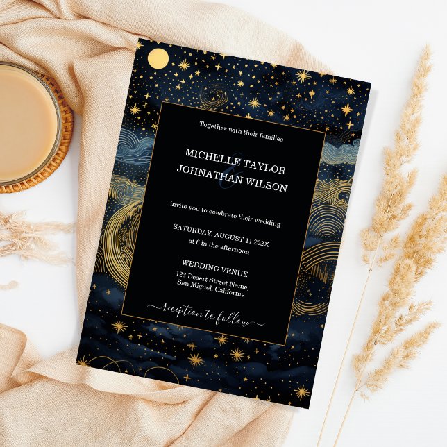 Invitación Luna de estrellas mística celestial de oro azul de (Subido por el creador)