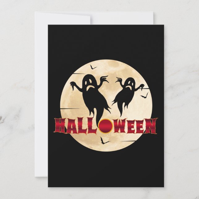 Invitación Luna de Halloween Silueta Fantasmas Murciélagos (Anverso)