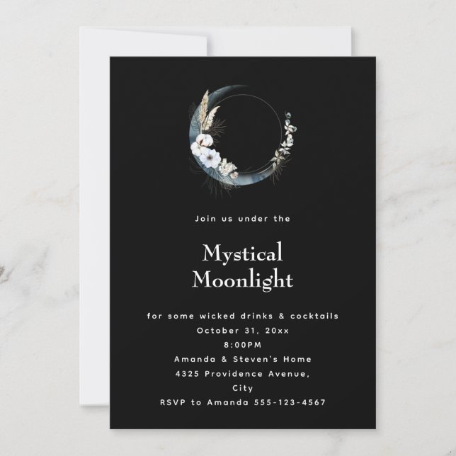 Invitación Luna de la Media Luna Azul con Halloween de flores (Anverso)