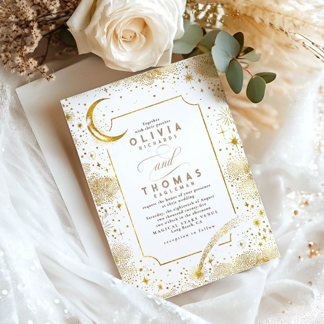 Invitación Luna de la Noche Starry Cae Estrella Boda Celeste (Celestial White Wedding Invitations)