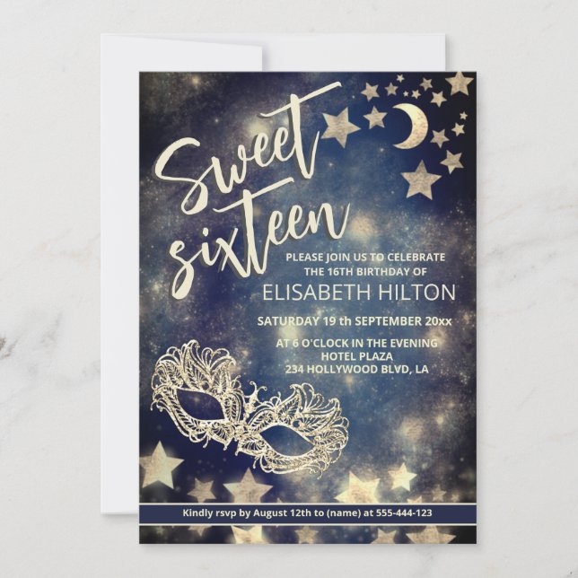 Invitación Luna de Mascarada y estrellas caligrafía dulce die (Anverso)