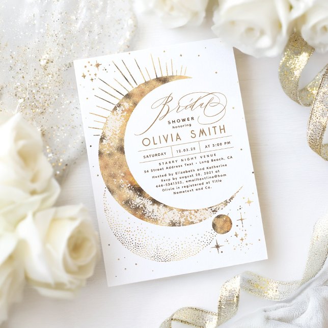 Invitación Luna de Noche Starry Ducha nupcial Mística Celesti (Celestial Moon and Stars Bridal Shower Invitations)
