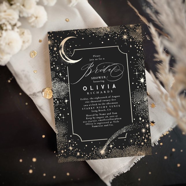 Invitación Luna de Noche Starry Ducha nupcial Mística Celesti (Moon and Stars Black Bridal Shower Invitations)