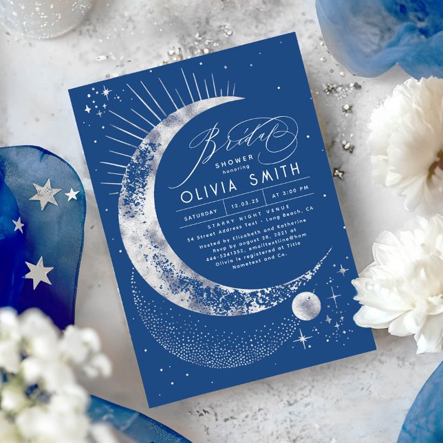 Invitación Luna de Noche Starry Ducha nupcial Mística Celesti (Celestial Bridal Shower Invitations in Navy Blue and Silver)