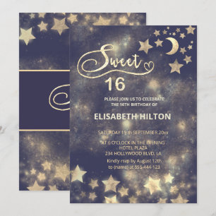 Invitación Luna de oro celeste y estrellas dulces dieciséis