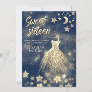 Invitación Luna de oro celeste y estrellas dulces dieciséis