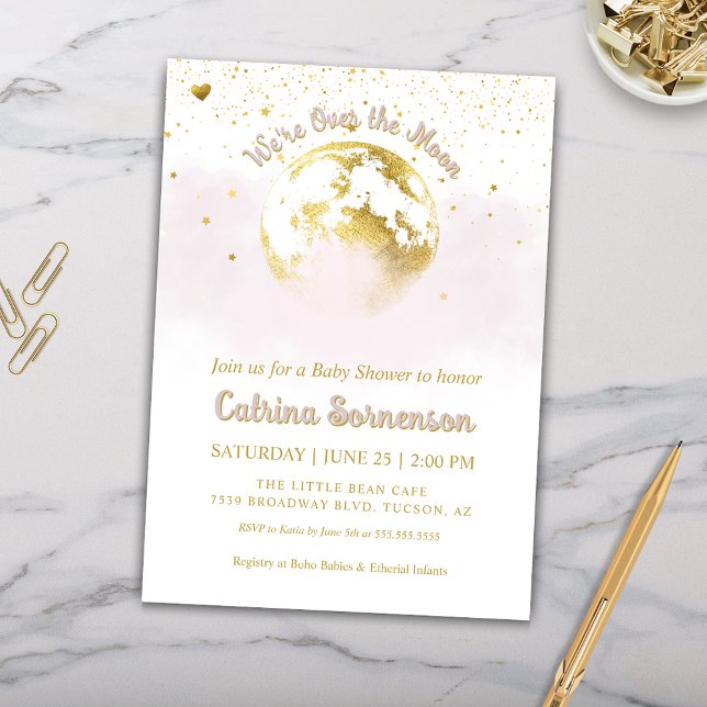 Invitación Luna de Oro Rosa y Baby Shower Celestial Estrellas (Pink and Gold Over the Moon Baby Shower Invitation for Baby Girl Celestial Baby Shower)