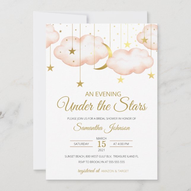 Invitación Luna de Oro y Estrellas Invitan a la ducha de novi (Anverso)