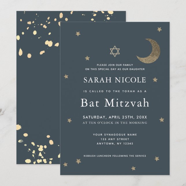 Invitación Luna de Oro y Estrellas Naval Bat Azul Mitzvah (Anverso / Reverso)