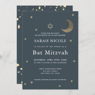 Invitación Luna de Oro y Estrellas Naval Bat Azul Mitzvah