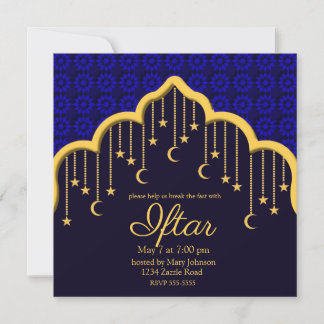 Invitación Luna de Oro y Estrellas Ramadán, azul