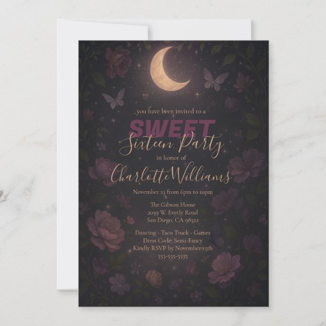 Invitación Luna encantada y estrellas Dulce Dieciséis Fiestas (Anverso)