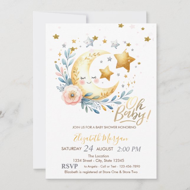 Invitación Luna Flor Estrellas  Shower de Bebé (Anverso)