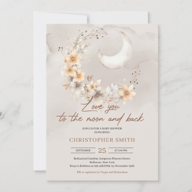 Invitación Luna floral neutra de género Boho y espalda bebé (Anverso)