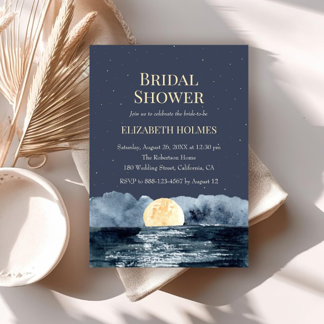Invitación Luna llena en la ducha de novia del lago (Full Moon on Lake Bridal Shower Invitation on a boho table.)