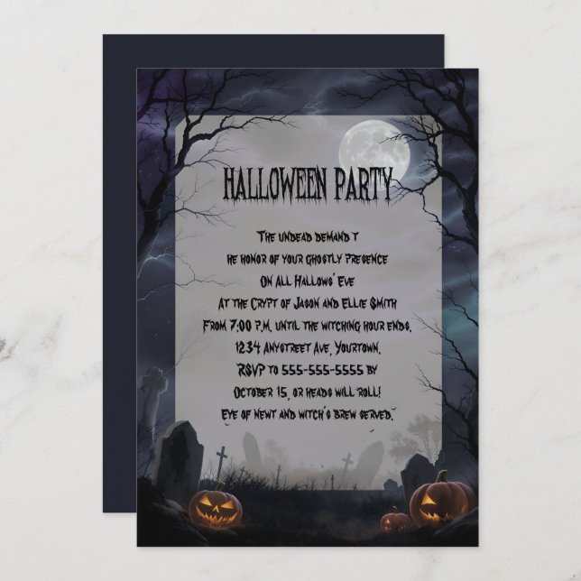 Invitación Luna llena en un cementerio de la fiesta de Hallow (Anverso / Reverso)
