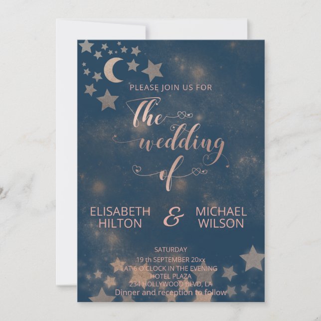 Invitación Luna romántica celestial y caligrafía de estrellas (Anverso)