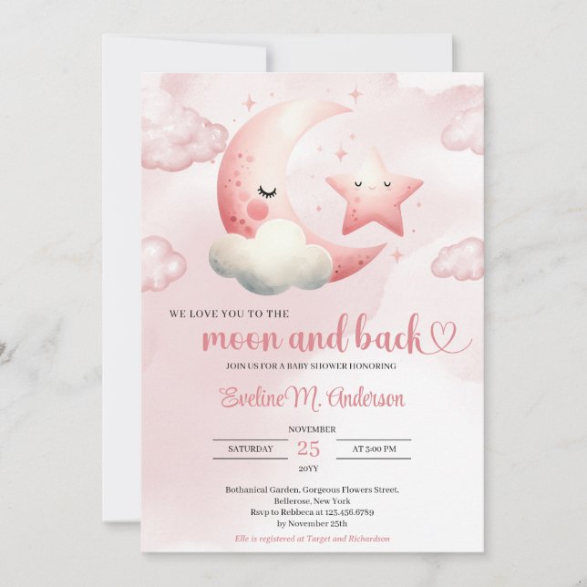 Invitación Luna rosa acuarela y ducha de bebé de chica dorado (Anverso)
