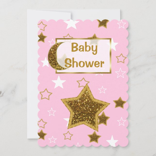 Invitación Luna rosa y dorada y estrellas Baby Shower invita (Anverso)