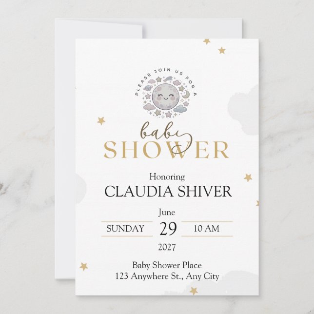 Invitación Luna sonriente adorable con estrellas y nubes (Anverso)