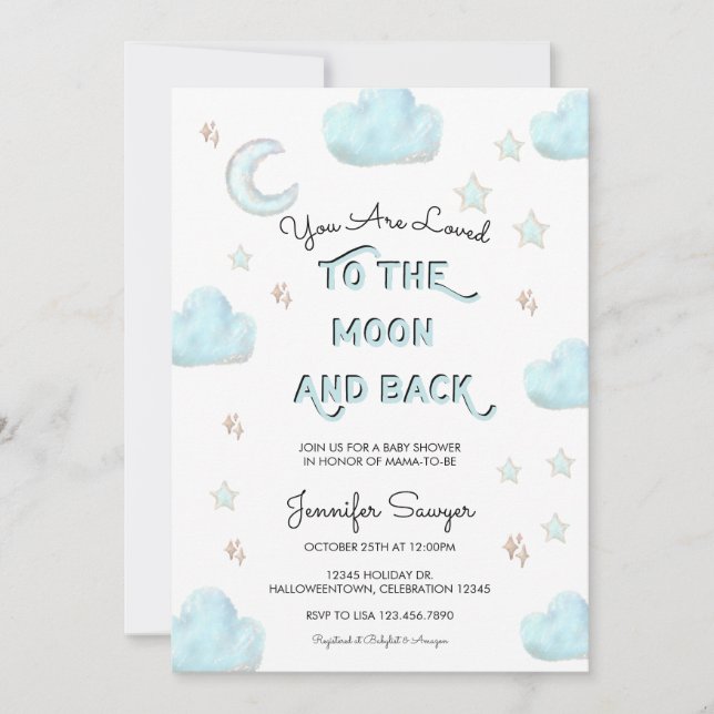 Invitación Luna y estrellas | Baby Shower acuarela moderna (Anverso)