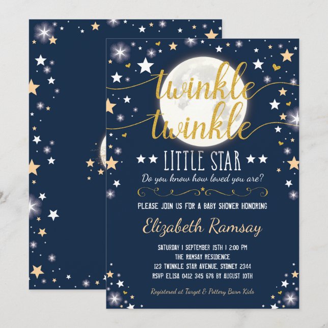 Invitación Luna y estrellas Baby Shower Navy Gold Twinkle Twi (Anverso / Reverso)