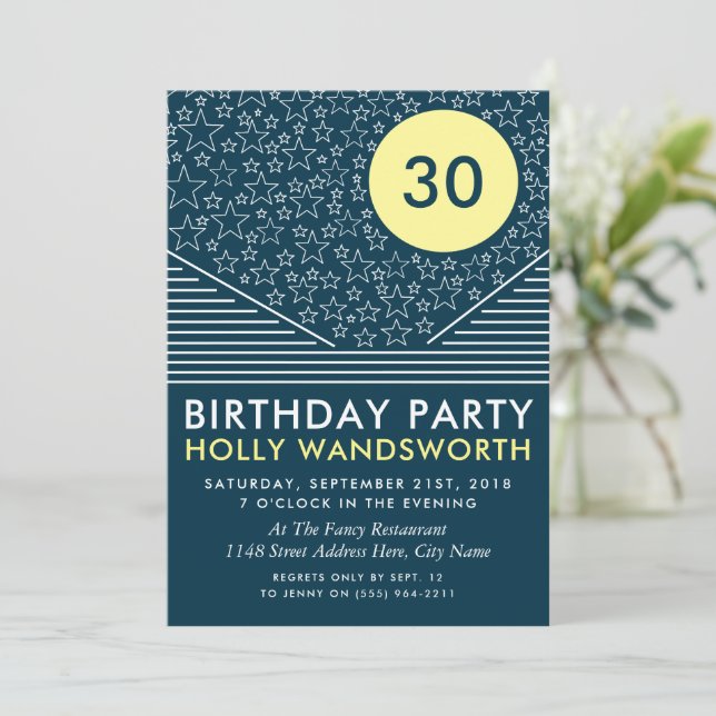 Invitación Luna y estrellas, fiesta de cumpleaños moderna (Anverso de pie)