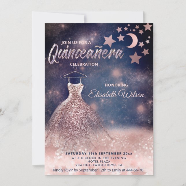Invitación Luna y estrellas Rosa purpurinoso de oro vestido c (Anverso)
