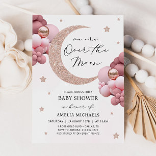 Invitación Luna Y Estrellas Rosa Sobre El Baby Shower De La L