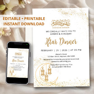 Invitación Luna y Linterna de Ramadan Iftar con brillo dorado