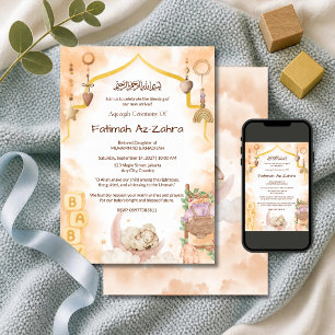 Invitación Luna y Mezquita Arco Islámico Aqeeqah y Baby Showe