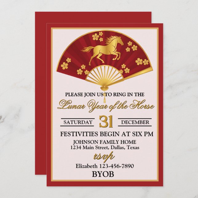 Invitación Lunar Year of the Horse New Years Eve Party (Anverso / Reverso)