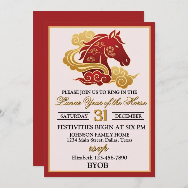 Invitación Lunar Year of the Horse New Years Eve Party (Anverso / Reverso)