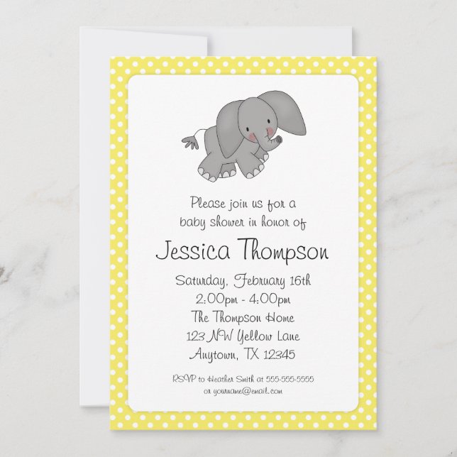 Invitación Lunares amarillos Baby Shower del elefante (Anverso)