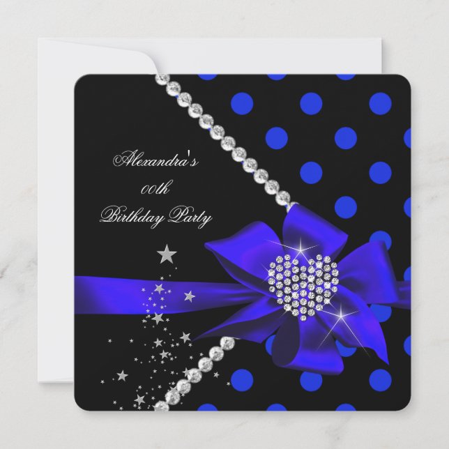 Invitación Lunares Corazón Azul Joyas Gemas Negras Cumpleaños (Anverso)