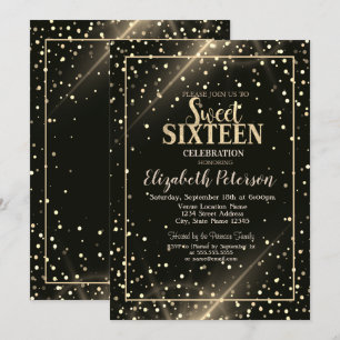 Invitación Lunares dorados elegantes, Sweet 16 negro