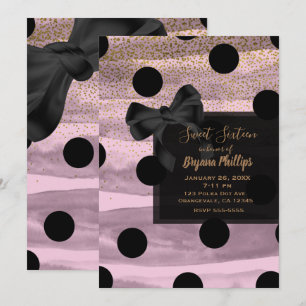Invitación Lunares rosados, negros y dorados, elegante lazo, 