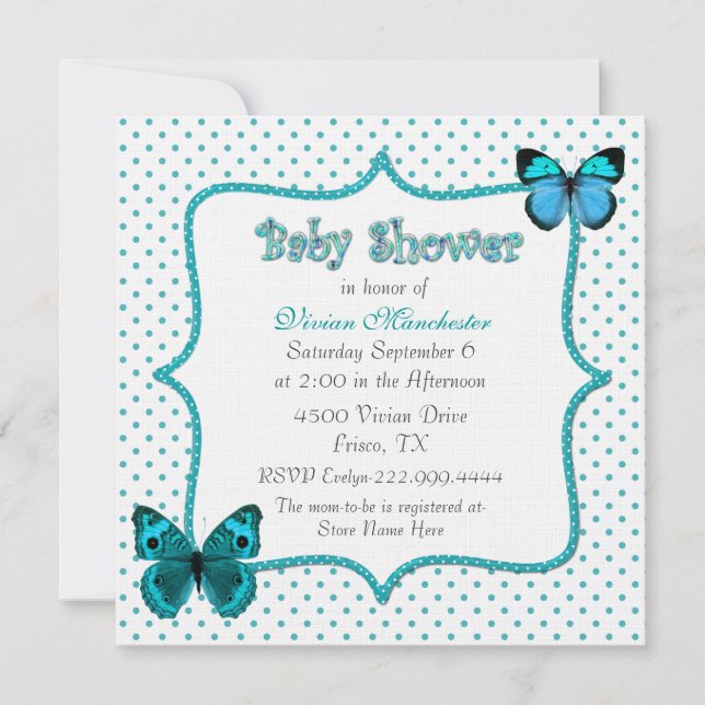 Invitación Lunares y mariposas bonitos Baby Shower (Anverso)