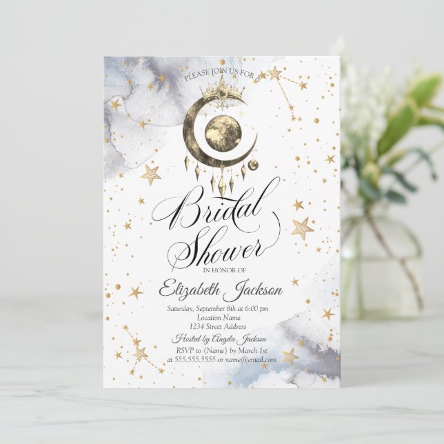 Invitación Lunas celestiales, corona, ducha de novia de estre (Anverso de pie)