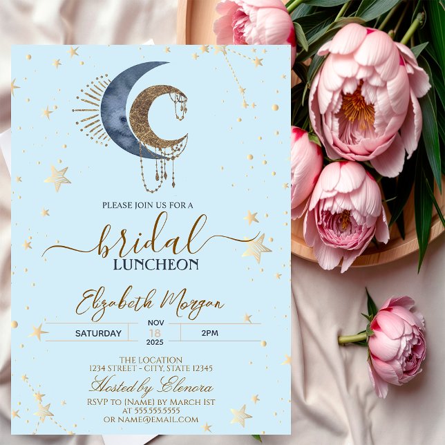 Invitación Lunas celestiales, estrellas azul claro Bridal Lun (Subido por el creador)