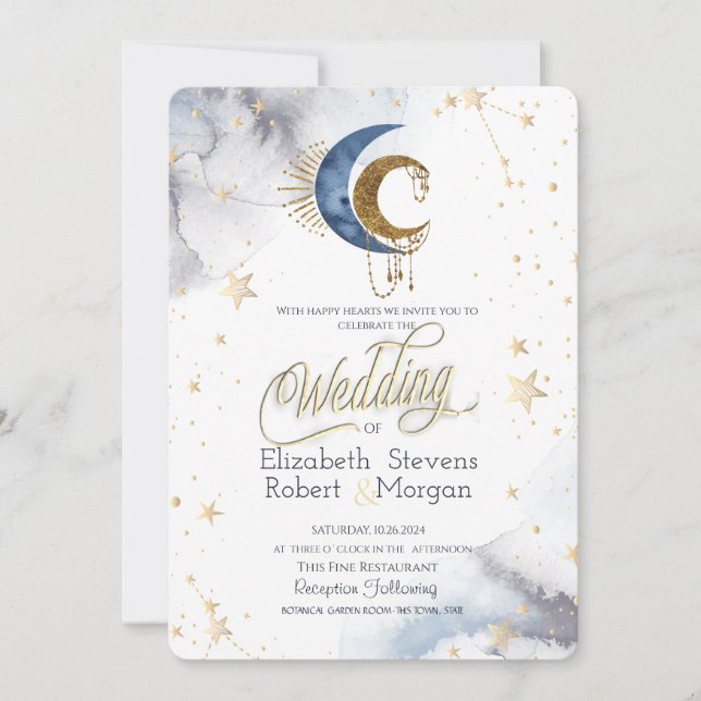 Invitación Lunas celestiales, estrellas Boda chic  (Anverso)