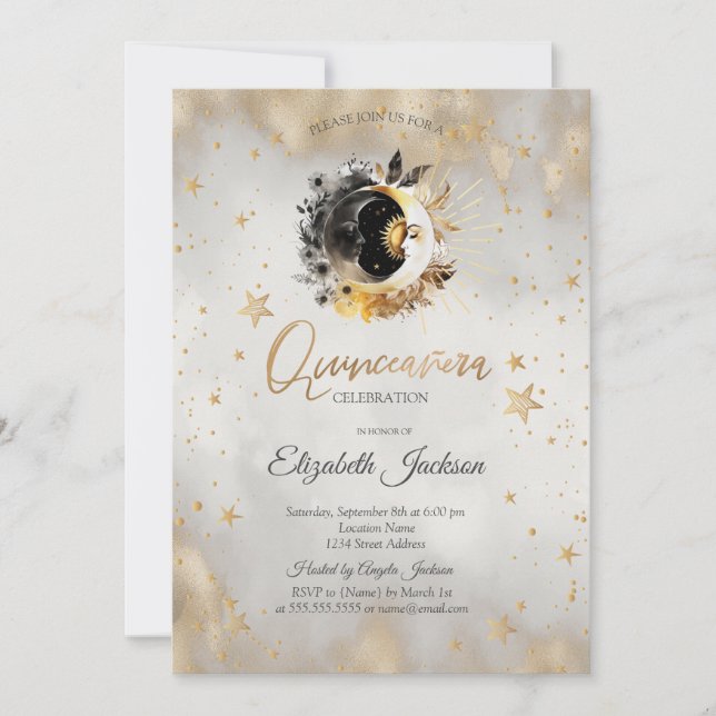 Invitación Lunas Celestiales, Estrellas Flor Quinceañera (Anverso)