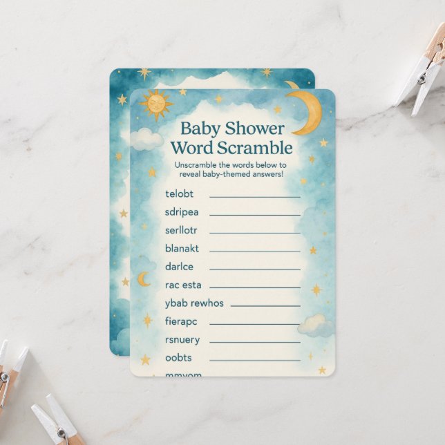 Invitación Lunas, estrellas y palabras caprichosas de Baby Sh (Anverso/Reverso In Situ)